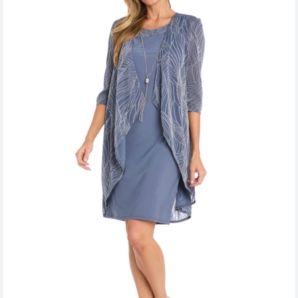 R&M Richards Blue Two-Piece Sheath Dress with Draped Overlay